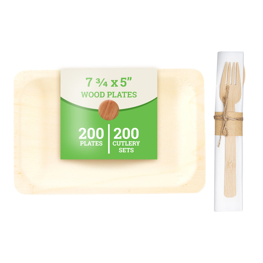 200-Piece Eco-Friendly Rectangle Wooden Plates & Bamboo Flatware Set - Biodegradable Disposable Dinnerware for Parties, Picnics, and Events