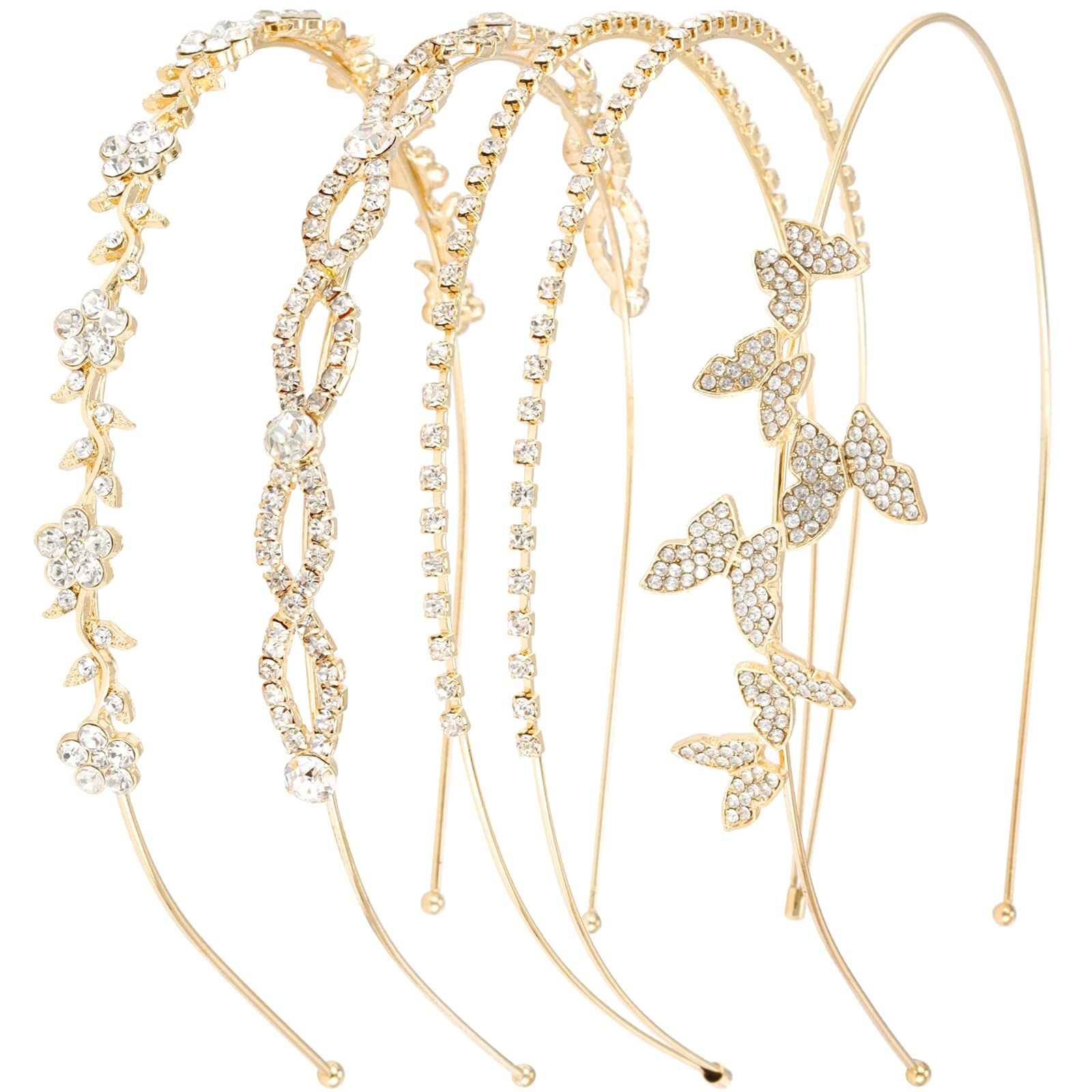 Wecoe 4 Pack Rhinestone Headbands for Women - Gold Metal Wedding Headpieces with Crystal Flower Leaf Butterfly Design - Elegant Bridal Hair Accessories for Girls, Flower Girl, Halloween & Formal Events