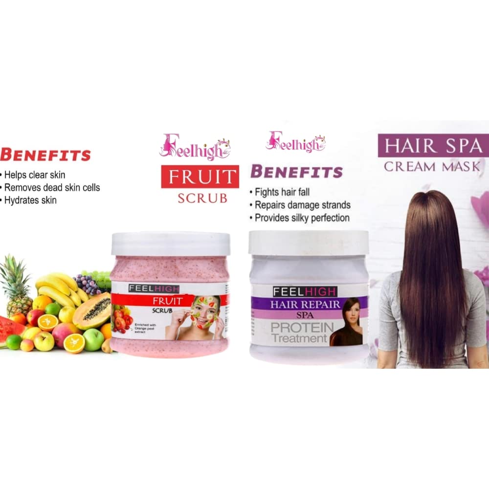 Feelhigh Exfoliating Face & Body Scrub with Mixed Fruit Extracts & Hair Spa Treatment Cream - 2-Piece Skincare Set for Glowing Skin & Healthy Hair - Perfect for Daily Use & Spa Days