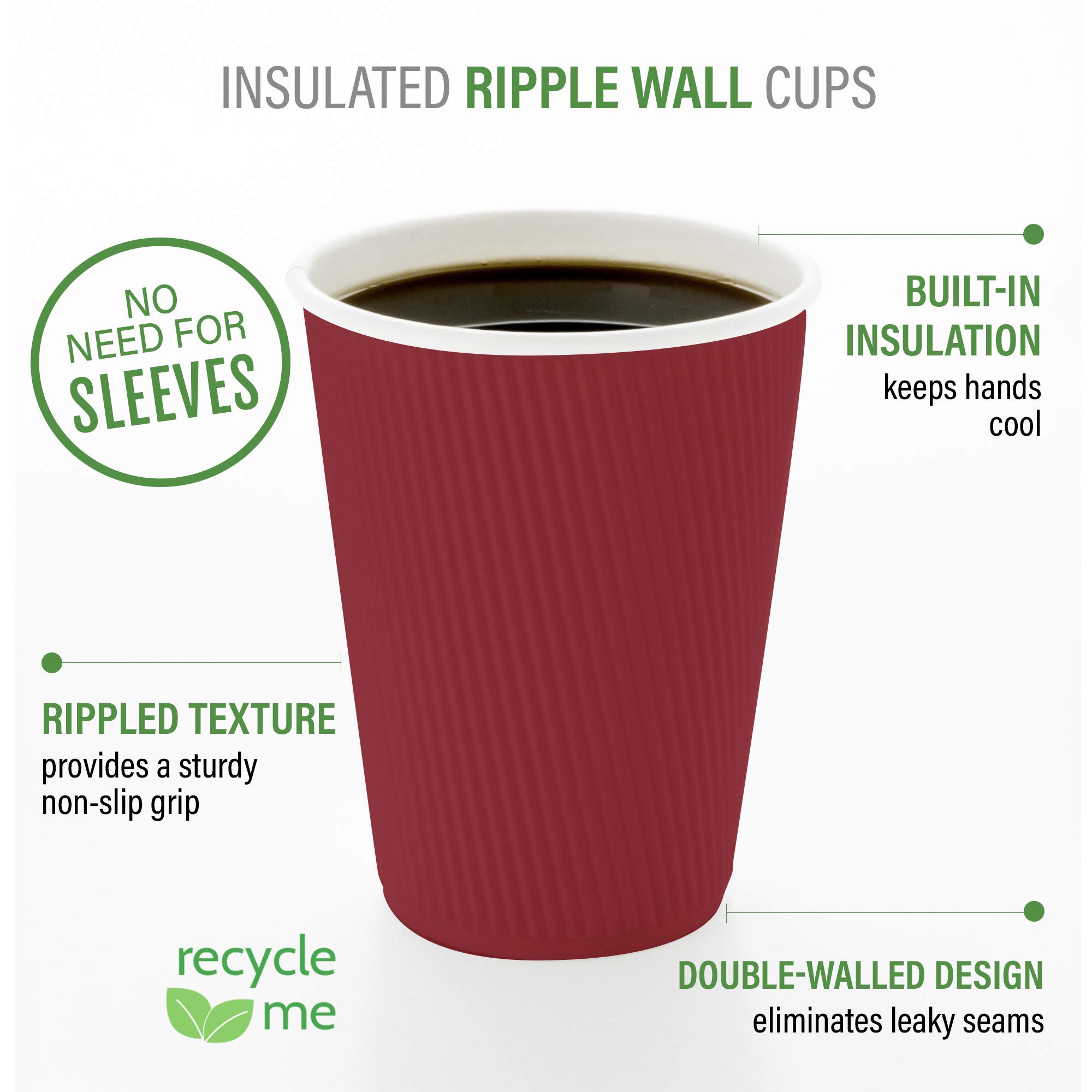 500 Pack 12 oz Disposable Coffee Cups with Ripple Wall - Insulated Paper Hot Cups for Coffee, Tea & Hot Beverages - Rolled Rim Design, Lids Sold Separately (Crimson) - Perfect for Cafes, Offices & Catering Events