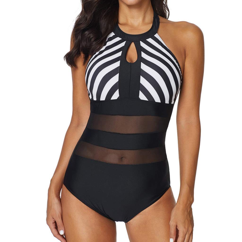 Sexy Halter Backless One-Piece Bikini for Women - Black & White Striped Swimsuit - XXX-Large Size - Perfect for Beach Vacations, Pool Parties & Summer Getaways