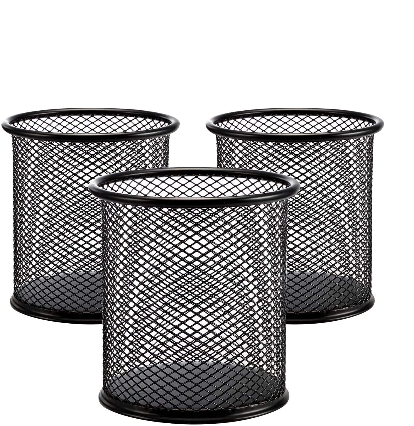 3 Pack Metal Mesh Pen Holder for Desk - Black Medium Sized Office Pencil Cup Organizer - Perfect for Home, Office & School Desks