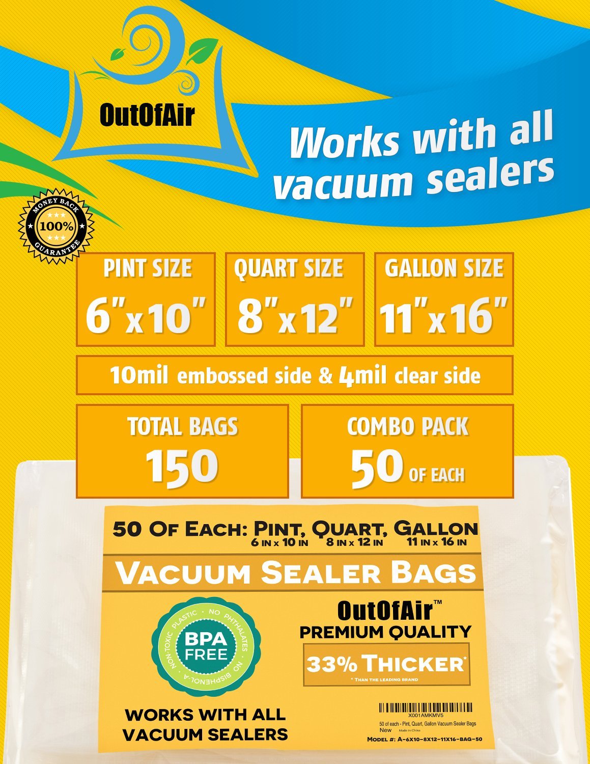 OutOfAir 150 Vacuum Sealer Bags - 50 Pint (6