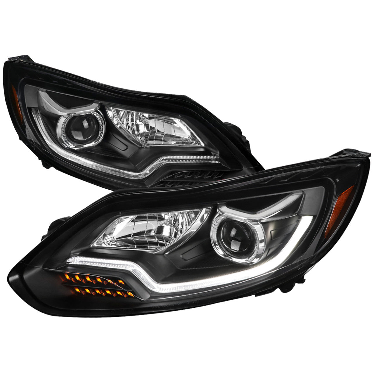 2012-2014 Ford Focus Projector Headlights with LED Light Strip & Sequential Turn Signals - Matte Black Housing & Clear Lens - Upgrade for Night Driving & Custom Car Styling