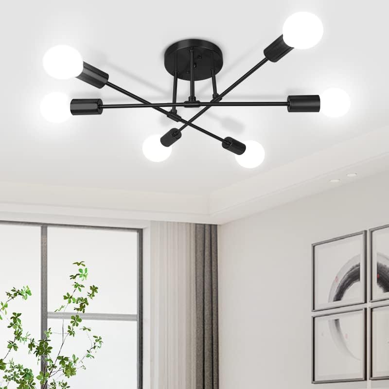 Modern Sputnik Chandelier Ceiling Light Fixture - 6-Light Black Mid Century Design with E26 Base (Bulbs Not Included) - Perfect for Bedroom, Dining Room, Living Room & Kitchen Lighting Decor