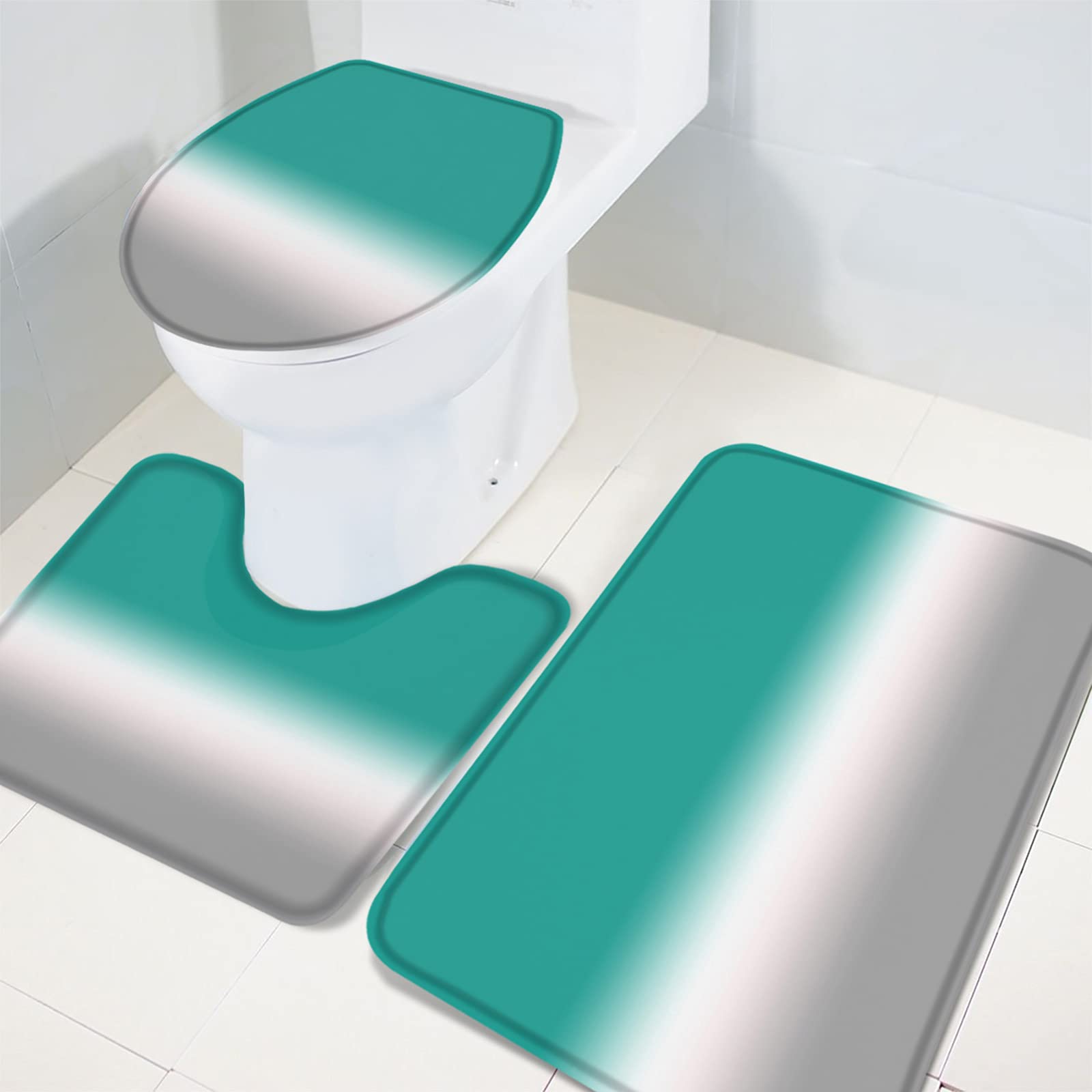 3-Piece Non-Slip Bathroom Rug Set - Green & Gray Ombre Gradient Contour Mat, Toilet Lid Cover & Absorbent Shower Mat | Soft Bath Mats for Bathroom Safety & Comfort | Perfect for Modern Homes, Guest Bathrooms & Spa-Like Showers