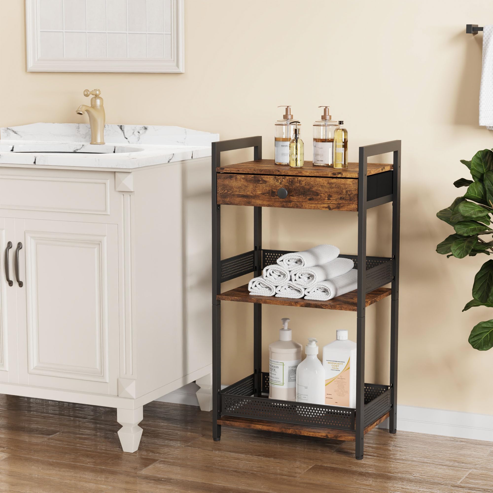 FAVOOSTY 3-Tier Bathroom Ladder Shelf with Drawer - Freestanding Towel Rack, Storage Organizer for Bath Essentials, Books & Decor - Rustic Brown Wooden Shelf for Bathroom, Living Room & Balcony | Perfect for Small Space Organization & Home Decor