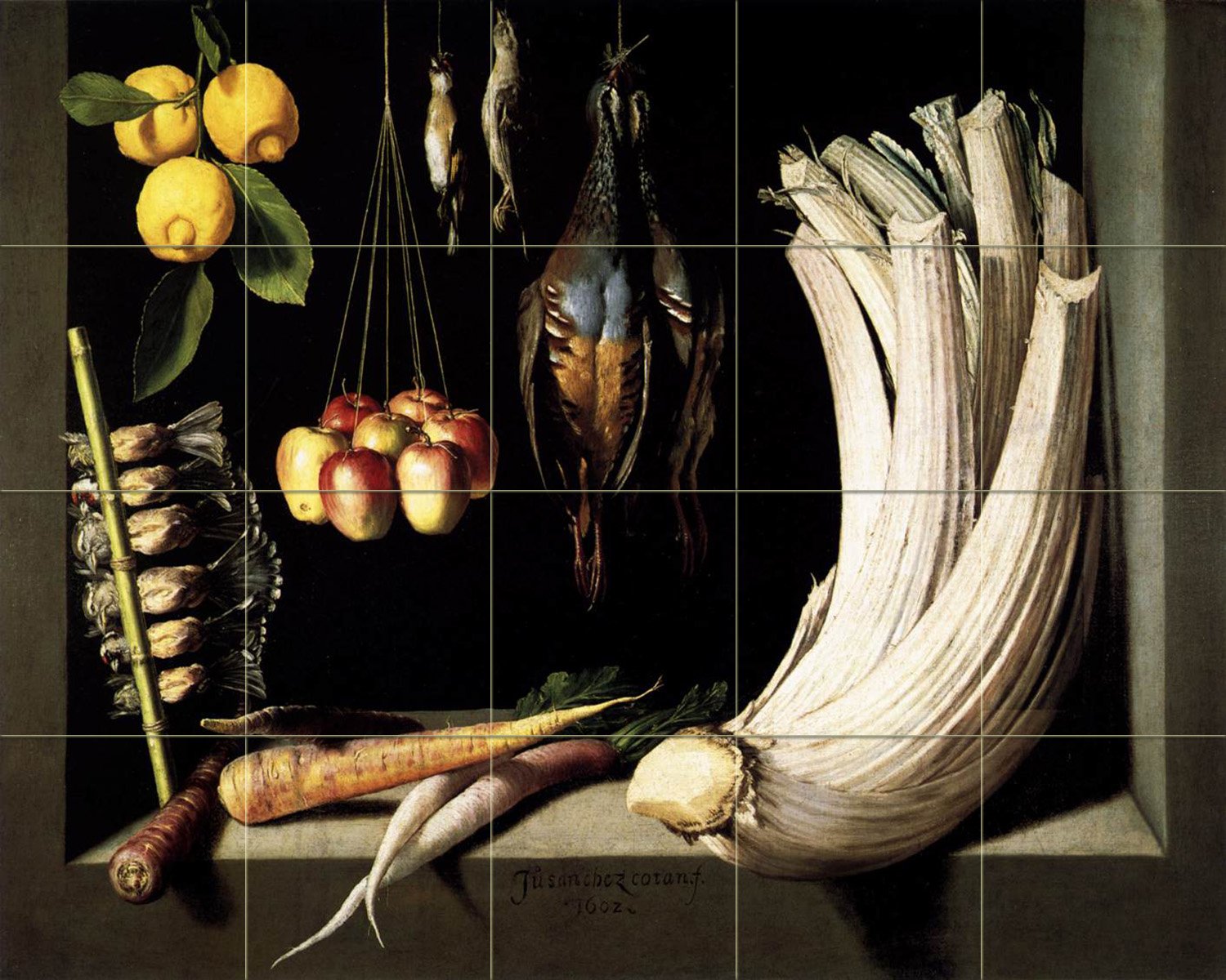 Juan Sanchez Cotan Still Life with Game Fowl Vegetables Fruits - 20 Piece Ceramic Tile Mural Art (21.25x17 Inch) - Glossy Finish Kitchen Backsplash, Shower Wall Decor, Bathroom Tile Art for Spanish Renaissance Style Home Decor