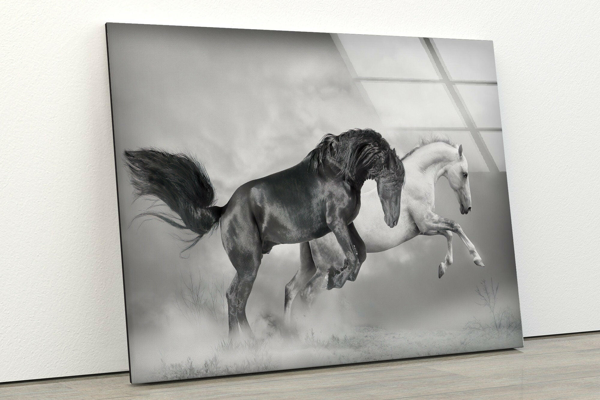 Black & White Wild Horses Running Glass Wall Art - Elegant Home Decor for Living Room, Bedroom & Office - Perfect Modern Art Gift for Horse Lovers