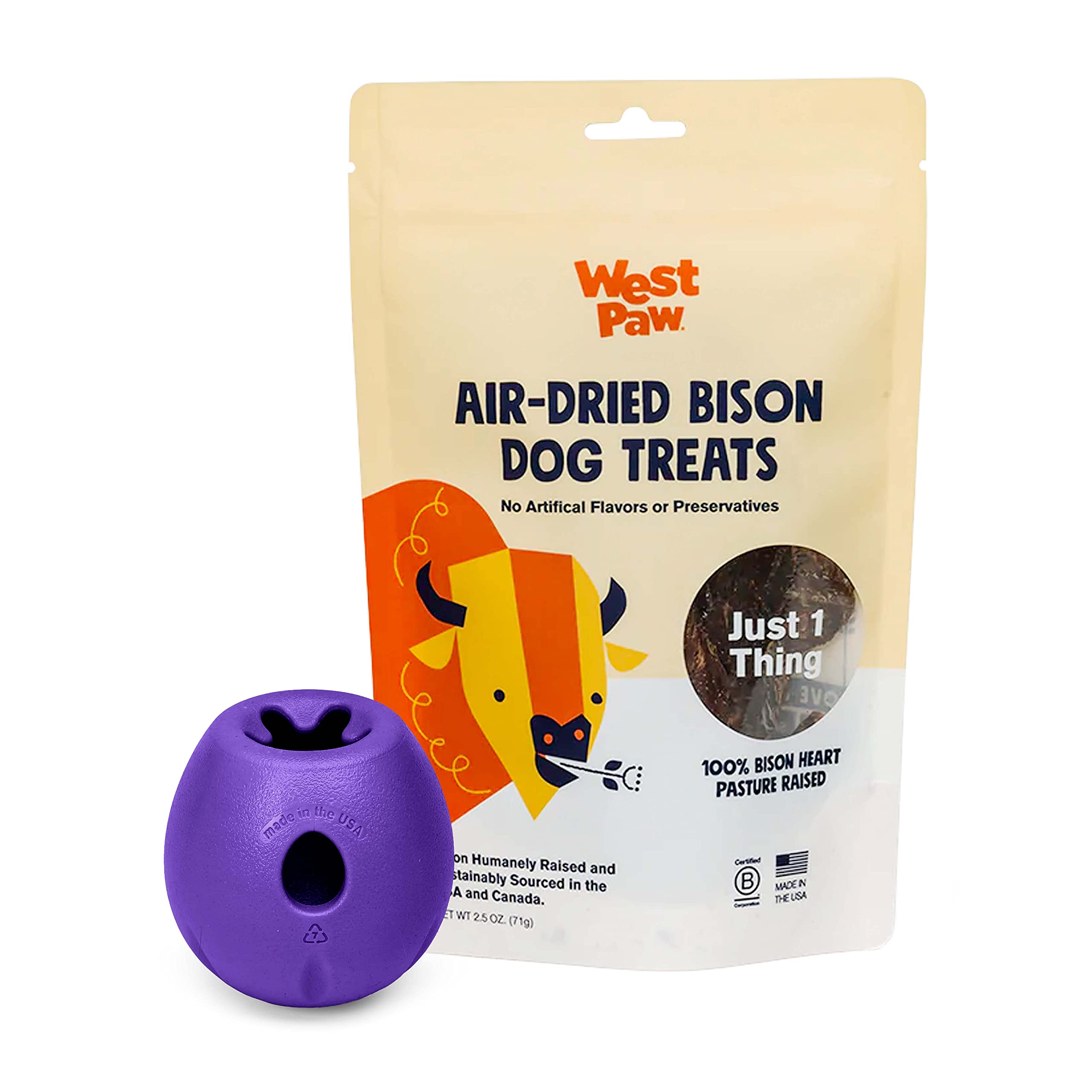 Premium Air-Dried Bison Heart Dog Treats with Zogoflex Rumbl Treat Dispenser Toy Bundle – All-Natural Farm Fresh Dog Snacks & Interactive Chew Toy for Mental Stimulation – Perfect for Training, Enrichment & Keeping Dogs Entertained Indoors/Outdoors