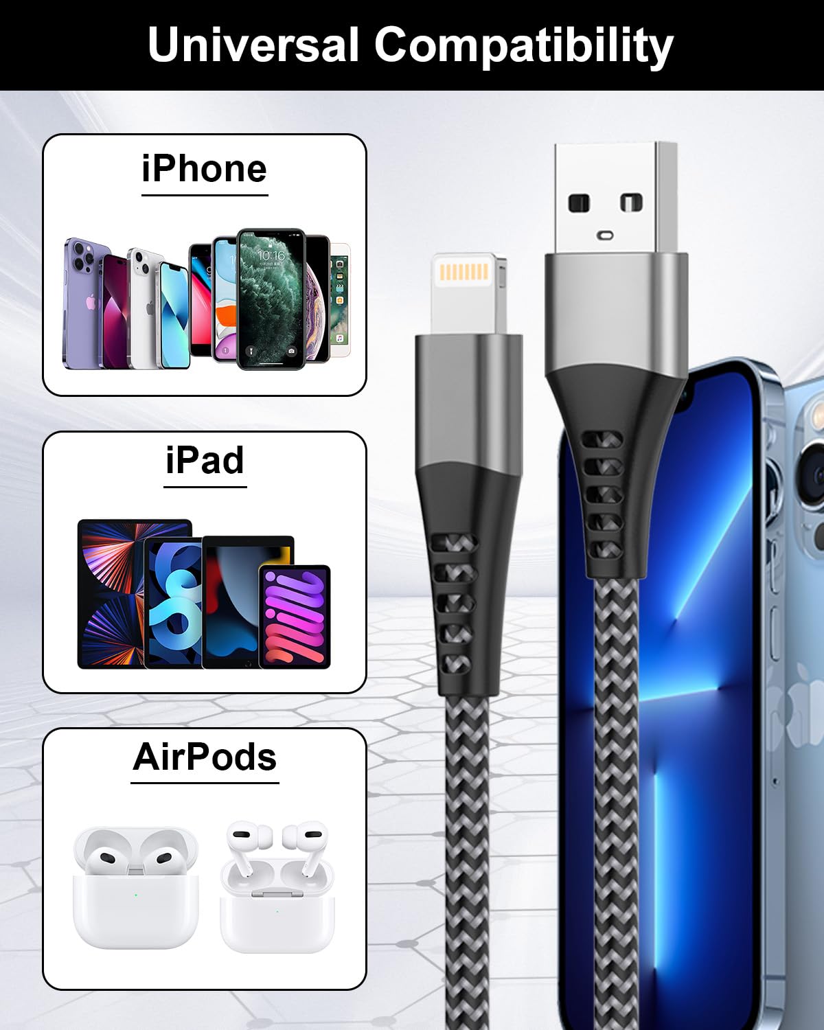 Apple MFi Certified iPhone Charger Cable 2M 3Pack - Fast Charging Lightning Cable USB to Lightning Cord for iPhone 14/13/12/11 Pro Max/X/XS/8/7 & iPad - Perfect for Home, Office & Travel Charging Needs