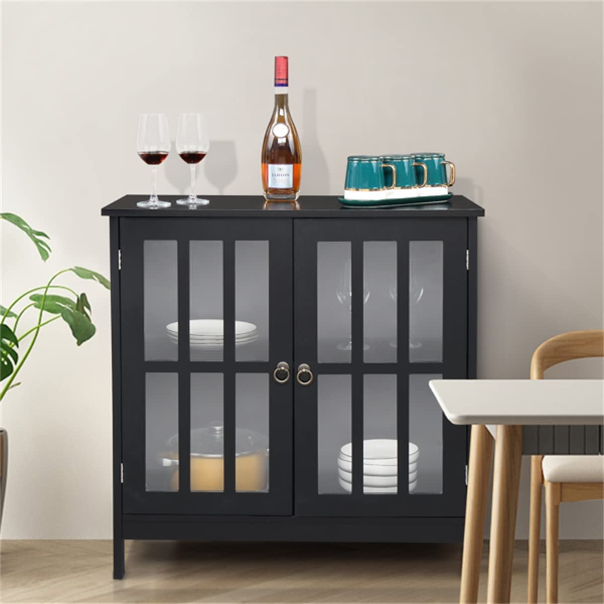 Industrial Wood Buffet Server & Storage Cabinet - Double Door MDF Sideboard for Kitchen, Dining Room & Bar | Liquor, Glassware & Dining Storage | Modern Corner Accent Furniture (Black)