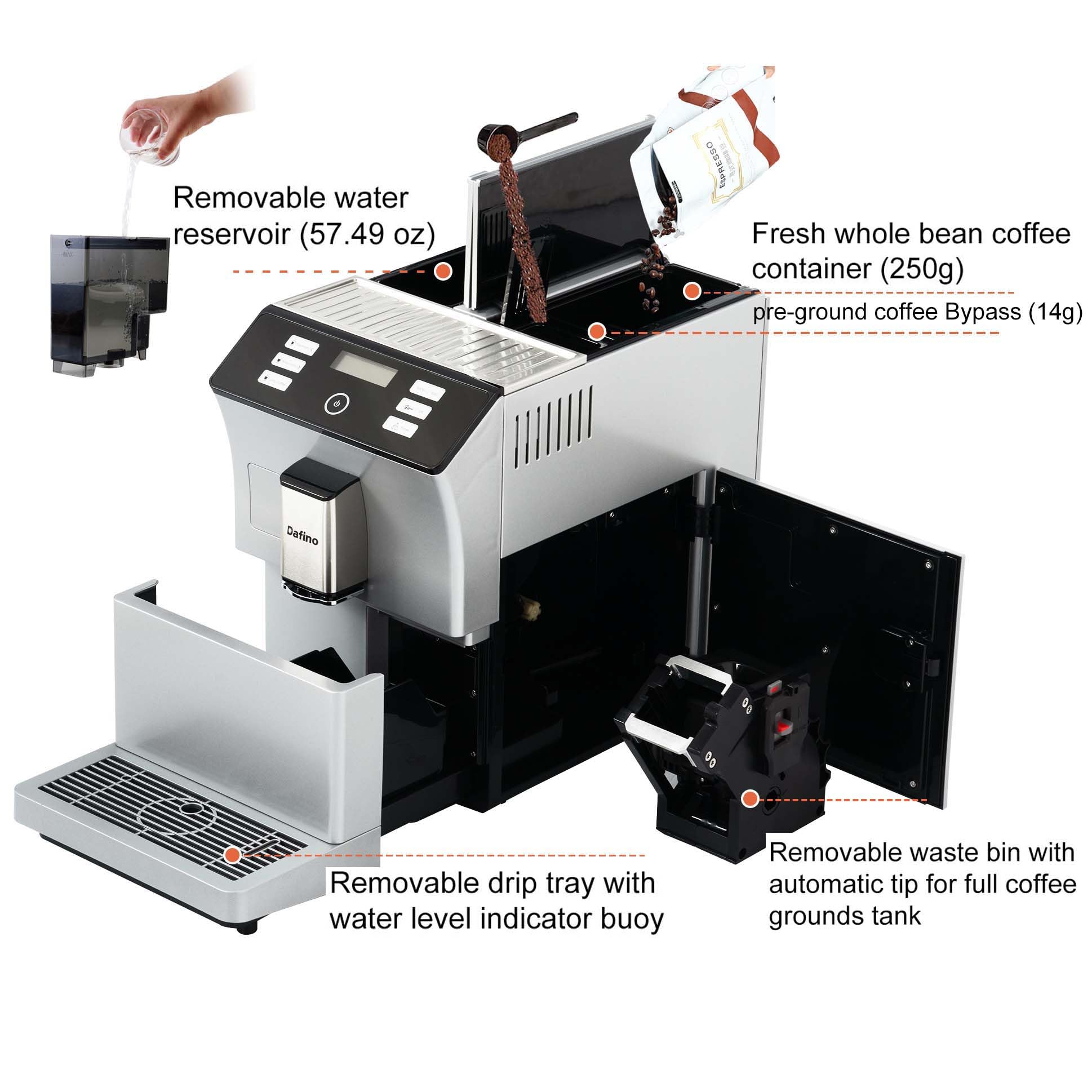 Fully Automatic Espresso Machine with Built-in Grinder - 19 Bar Pressure, Smart Touch Screen, 20 Cup Capacity - Perfect for Espresso, Americano & Long Coffee - Stainless Steel Silver Finish - Ideal for Home, Office & Coffee Shop Use