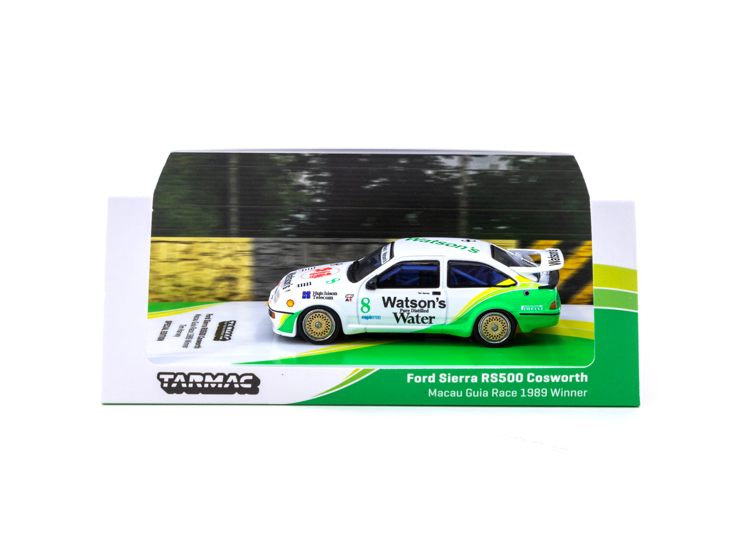 Tarmac Works 1/64 Scale Ford Sierra RS500 Cosworth Diecast Model Car - 1989 Macau Guia Race #8 Winner - Collectible Hobby64 Toy for Display & Racing Enthusiasts - Perfect for Diecast Collections, Car Shows & Desk Decor