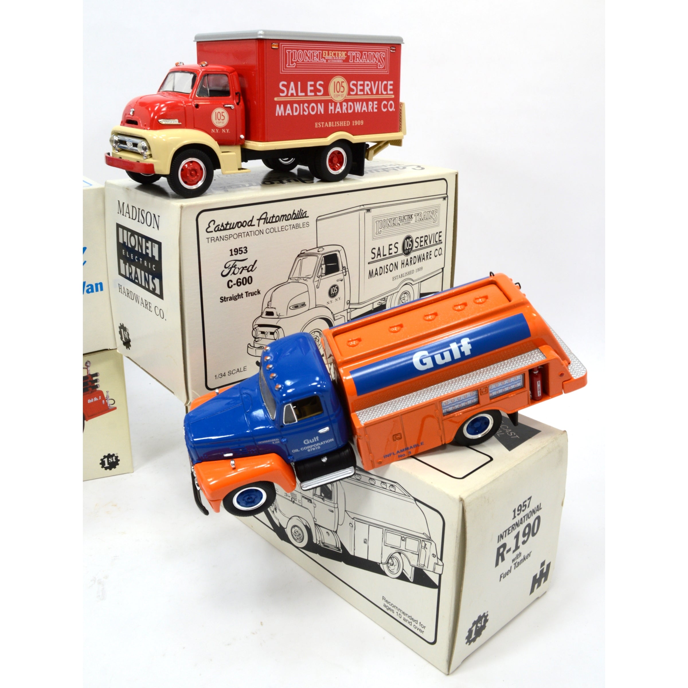 Lot of 4 FIRST GEAR Diecast Model Trucks - Gulf Tanker & Lionel Trains Texaco Fire Truck Collection for Display & Gift Giving