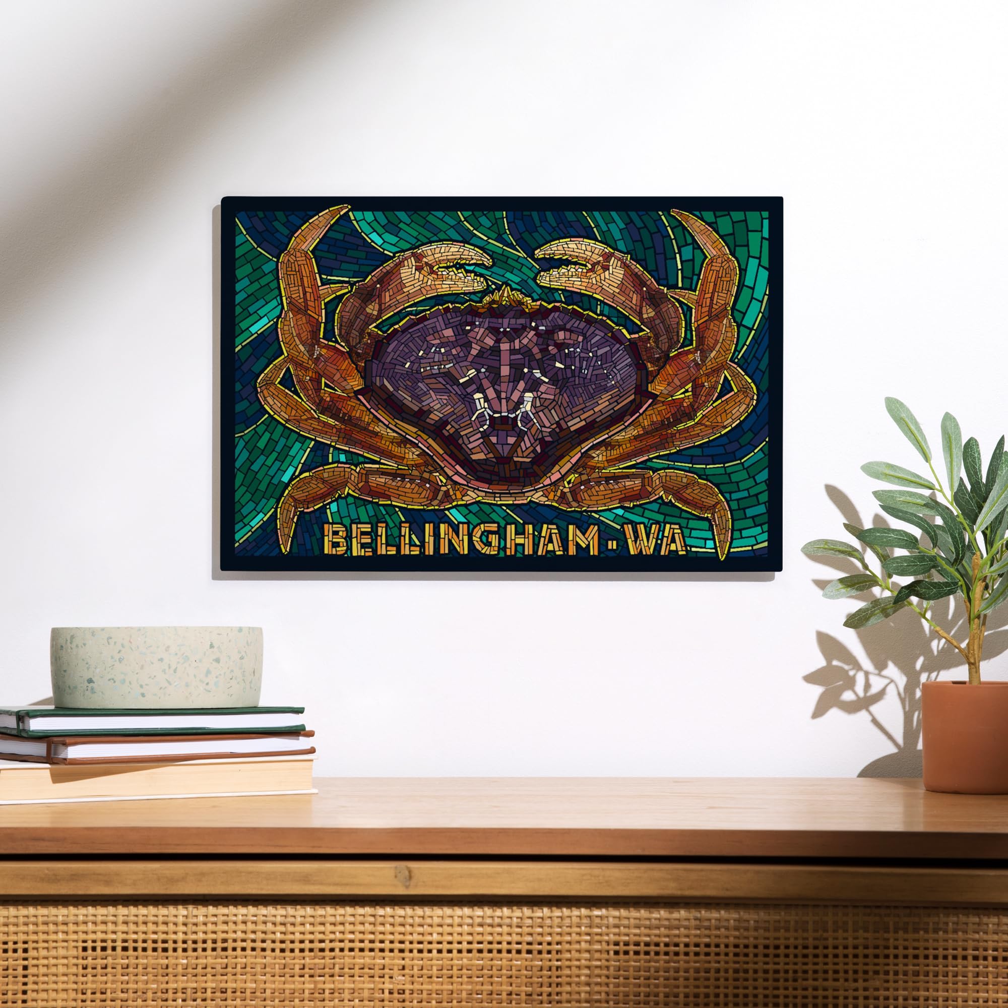 Lantern Press 12x18 Inch Premium Wood Wall Sign - Ready to Hang Coastal Home Decor Featuring Dungeness Crab & Paper Mosaic Art - Perfect for Beach House, Kitchen, or Washington-Themed Room Decor