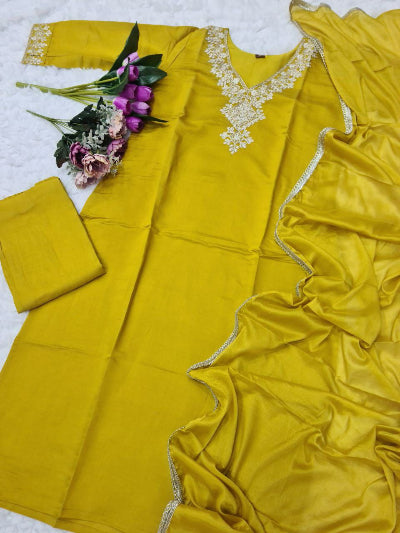 Elegant Mustard Yellow Chanderi Salwar Suit with Nazmin Dupatta - Traditional Indian Outfit for Women, Weddings & Festive Occasions