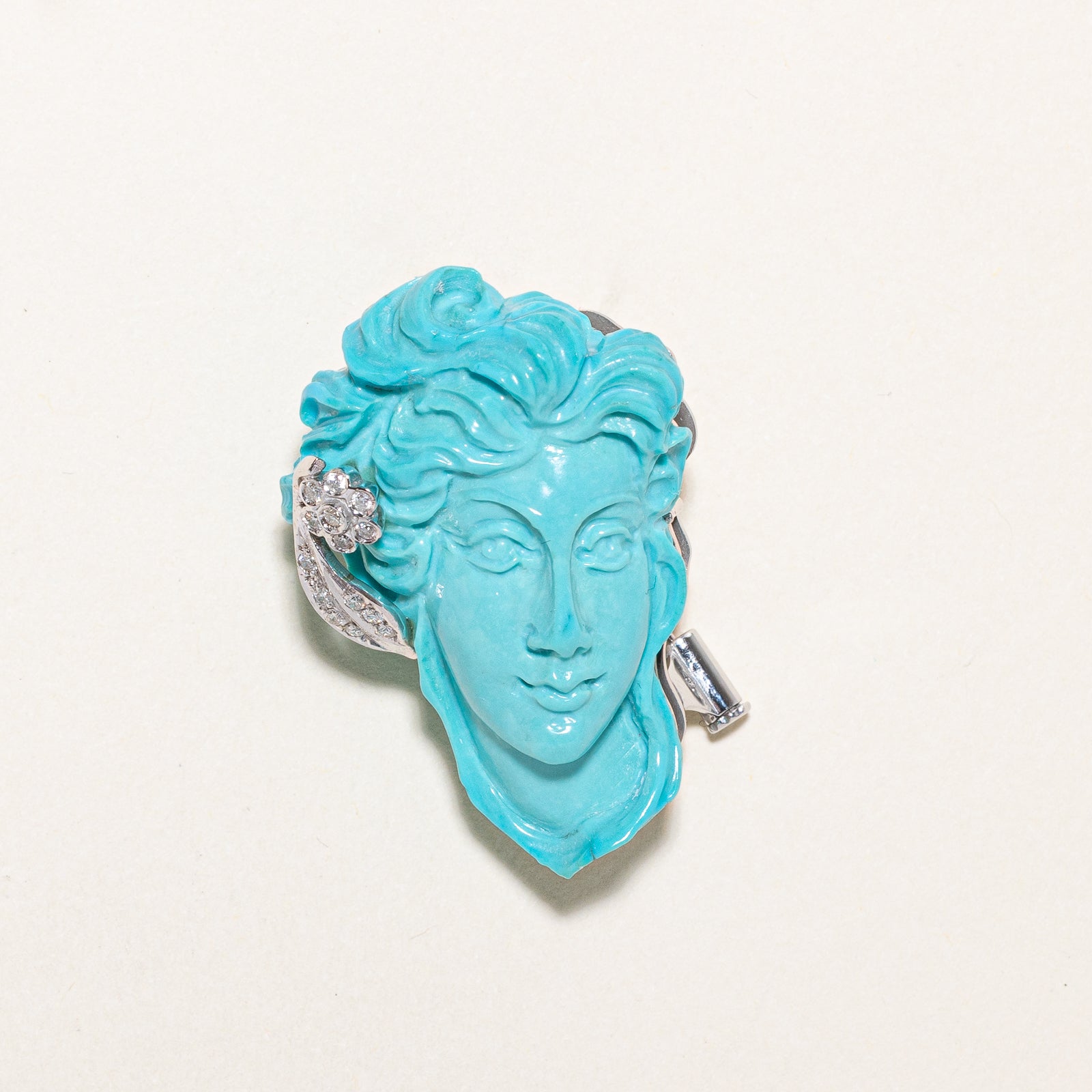 Exquisite 50.00ct Turquoise & 0.14ct Diamond Cameo Convertible Pendant & Brooch Jewelry - Perfect for Weddings, Anniversaries & Special Occasions