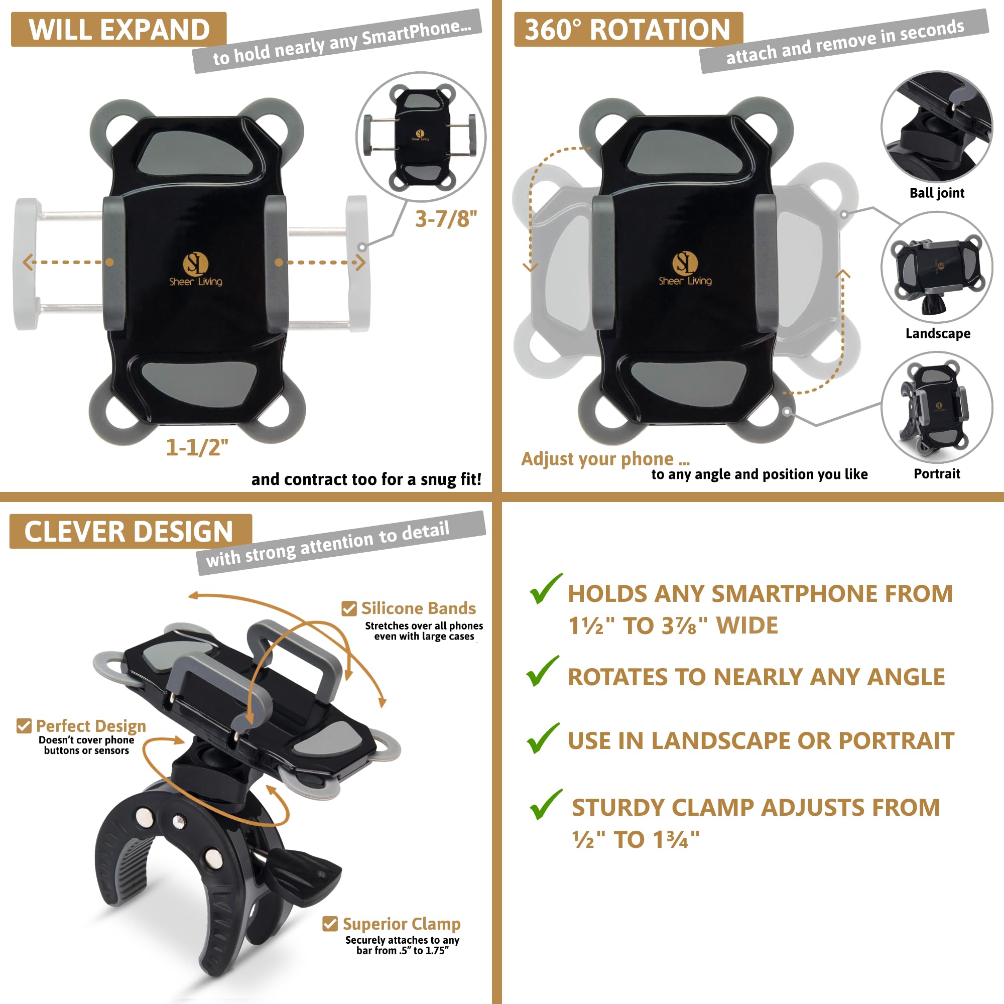 Universal Baby Stroller & Shopping Cart Phone Holder - Adjustable Handlebar Mount for iPhone, Samsung & Smartphones - Perfect for Golf Cart, Bike, Motorcycle, Scooter, ATV, Boat, Spin Bike & Treadmill - Durable Grey Phone Clamp for Hands-Free Use While Exercising, Shopping or Traveling