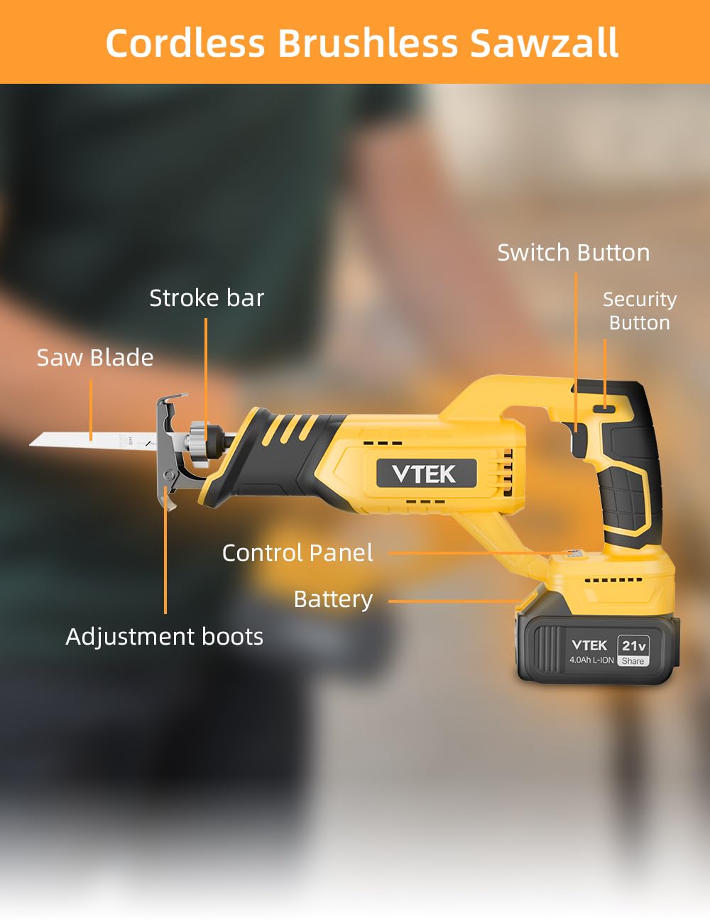 VTEK Brushless Cordless Reciprocating Saw - 3 Speed Settings (0-3000 RPM) for Wood, Metal, Plastic & Brick Cutting | Powerful Cordless Saw for DIY Projects, Construction & Home Renovation