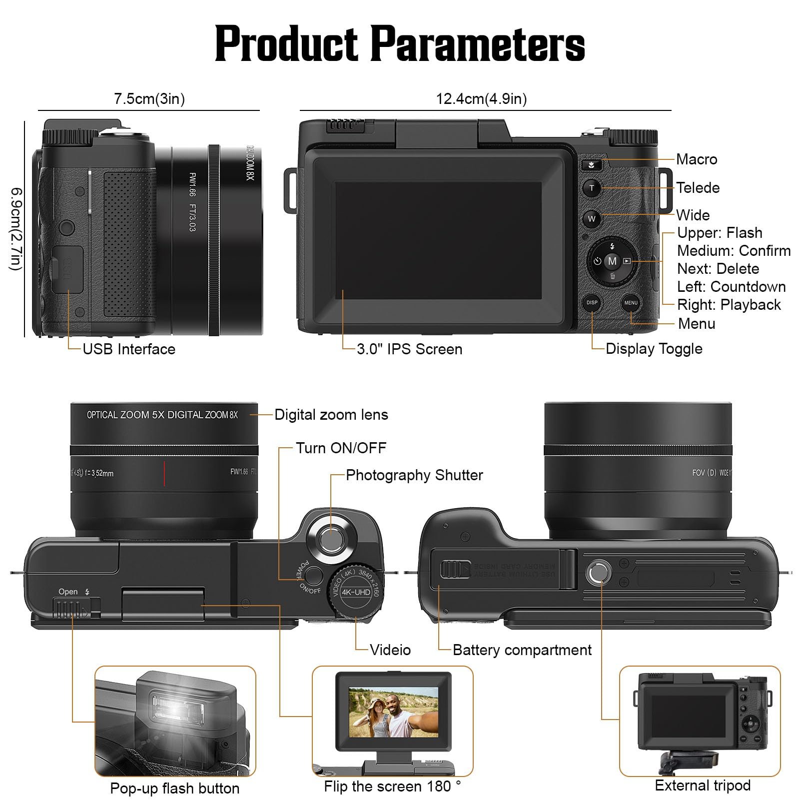 4K Digital Camera for Photography & Vlogging - 48MP HD, 5X Optical Zoom, 8X Digital Zoom, Autofocus, 3 Inch Screen - Compact Travel Camera for YouTube, TikTok, Vacation & Outdoor Adventures
