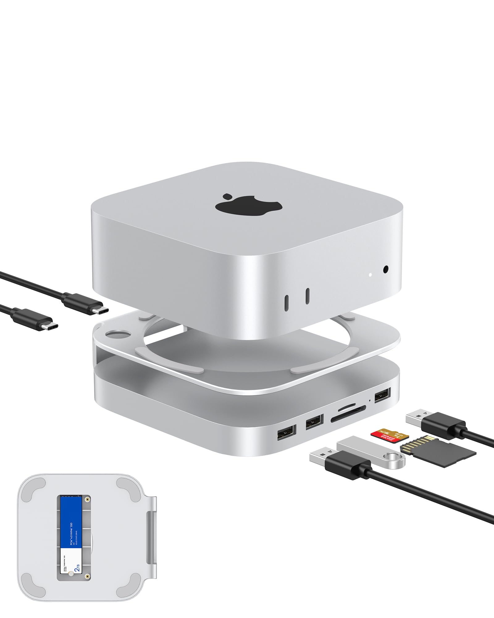 Aluminum Mac Mini Stand & Hub for Mac Mini M4/M4 Pro 2024 - M.2 NVMe SSD Enclosure, 2x USB-A 10Gbps, SD/TF Card Readers, USB 2.0 (Silver) | Perfect for Home Office, Gaming & Creative Workstations