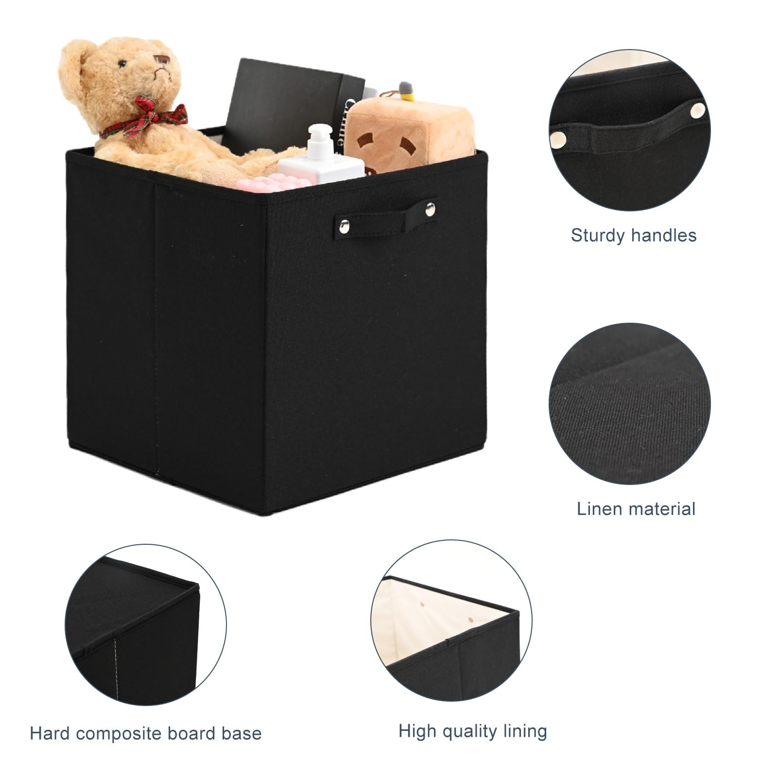 13 x 13 Inch Premium Linen Storage Bins with Handles - 4 Pack Fabric Cube Organizers, Collapsible Closet Baskets for Shelves, Drawers & Home Organization (Black) - Perfect for Bedroom, Nursery & Office Storage Solutions