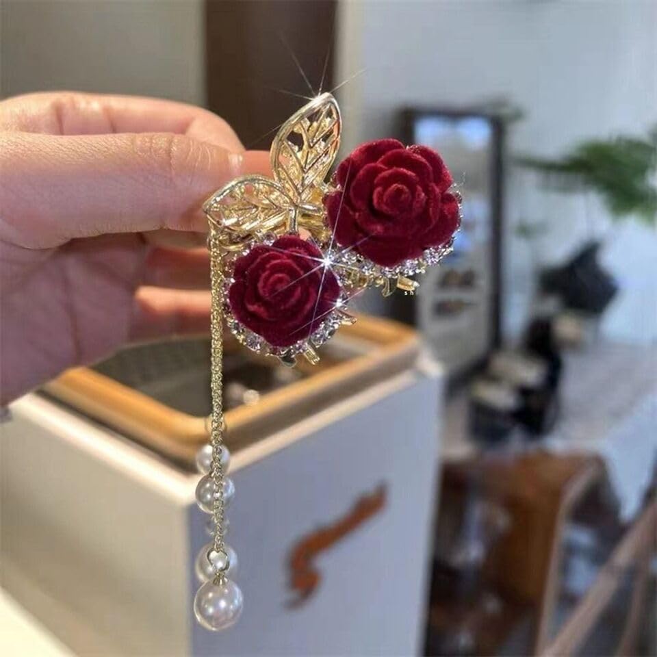 Elegant Rose Petals Hair Clip with Tassel & Pearl - Red Rose Hair Claw for Women & Girls | Bridal Hair Accessories, Headpiece for Weddings, Parties & Special Occasions