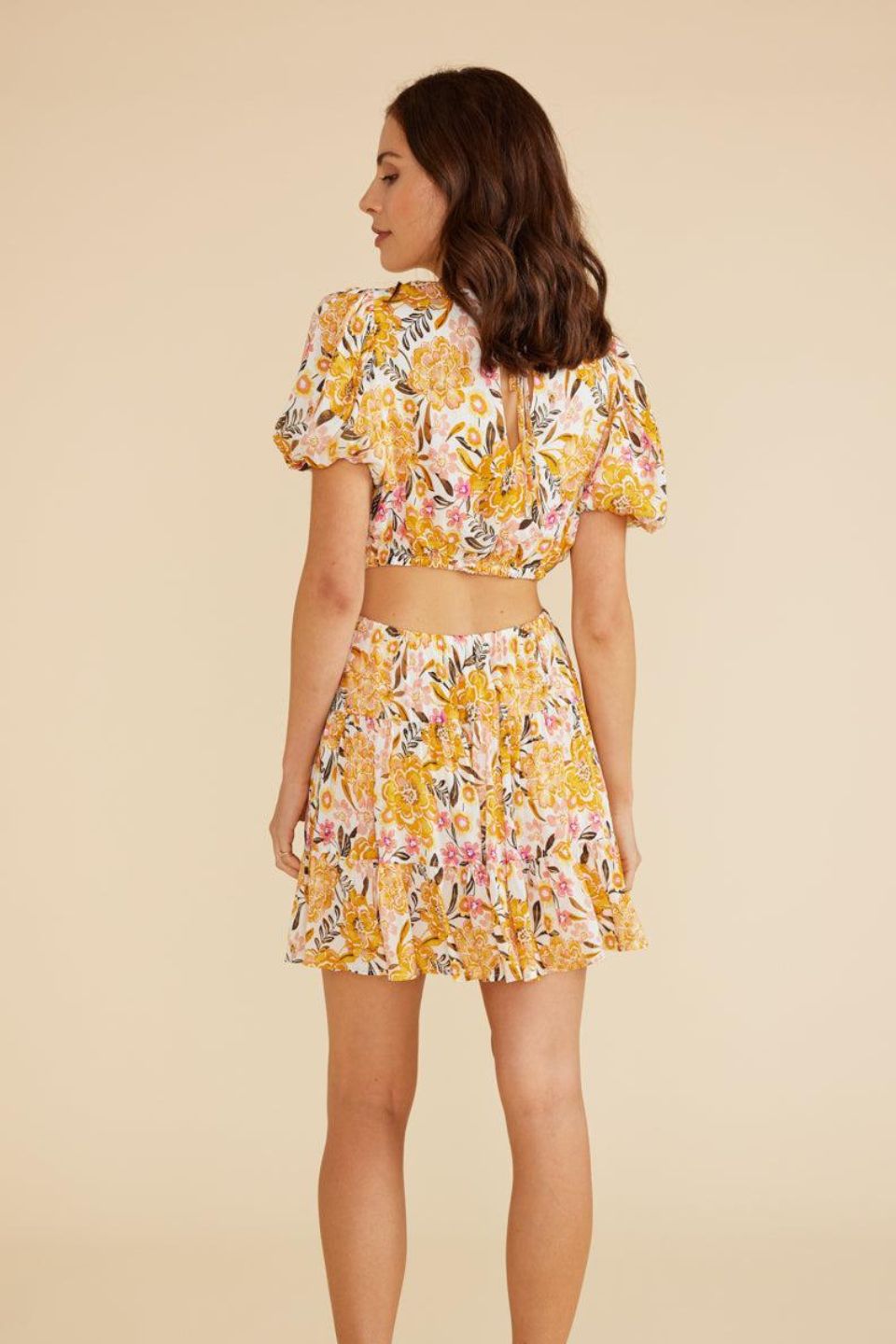 Ezra Marigold Floral Short Sleeve Puff Mini Dress for Women - Summer Party, Wedding Guest, Vacation Outfit