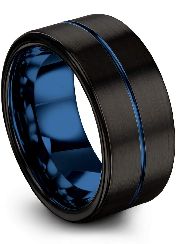 10mm Tungsten Carbide Wedding Band Ring for Men & Women - Blue & Black Center Line, Flat Cut, Brushed & Polished Finish - Custom Engraved Anniversary & Engagement Ring - Perfect for Weddings, Proposals & Special Occasions
