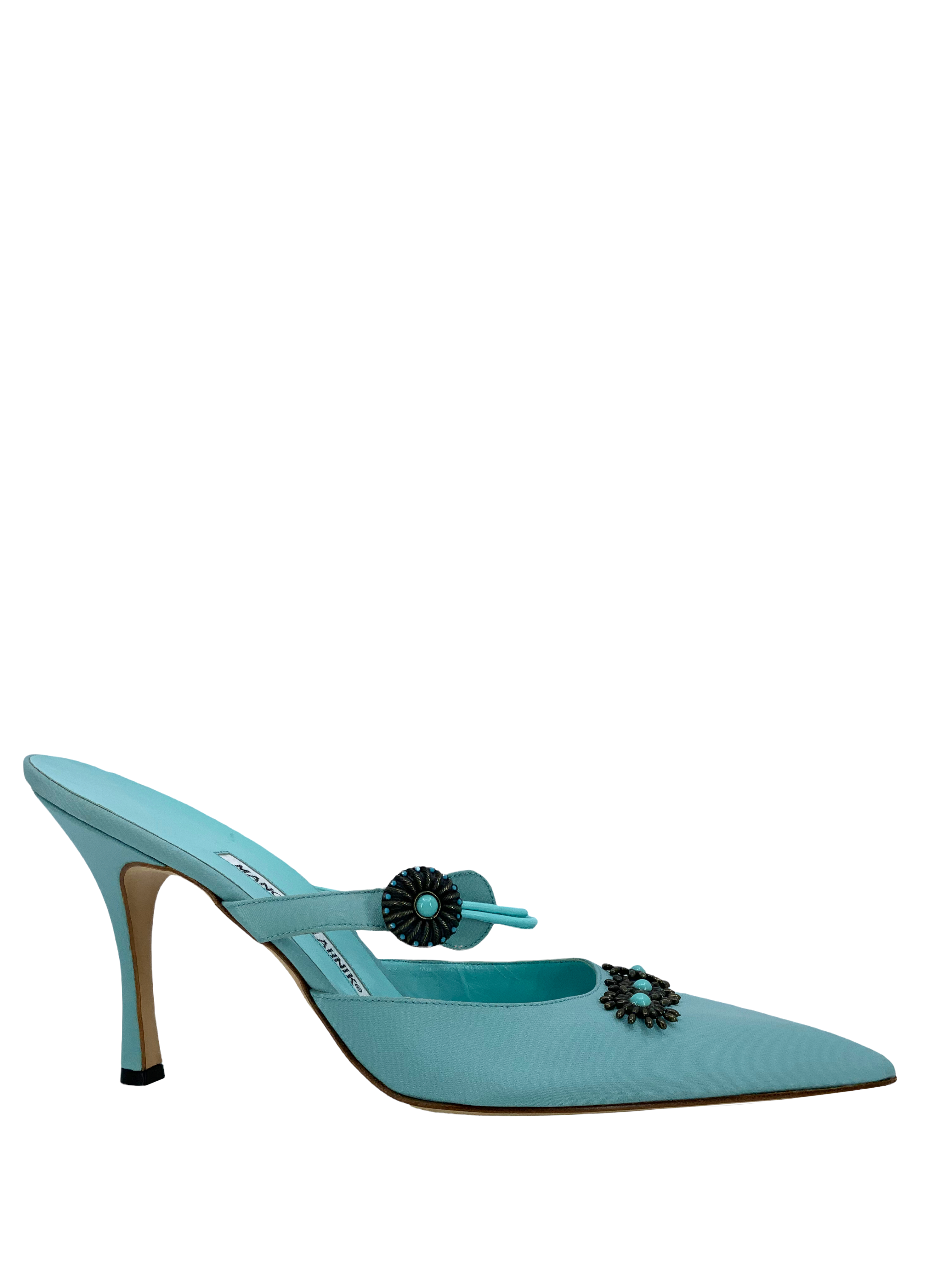 Manolo Blahnik Embellished Satin Mary Jane Mules Women's Size 11 - Elegant Party Shoes for Weddings, Evening Events & Special Occasions