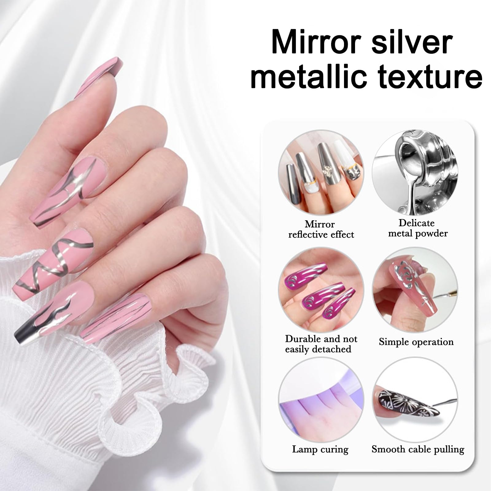 Metallic Chrome Gel Polish - Silver Mirror UV/LED Soak Off Nail Art Liner with Built-in Thin Brush for Salon & Home DIY Manicure | Perfect for Nail Art Designs, French Tips & Creative Nail Painting