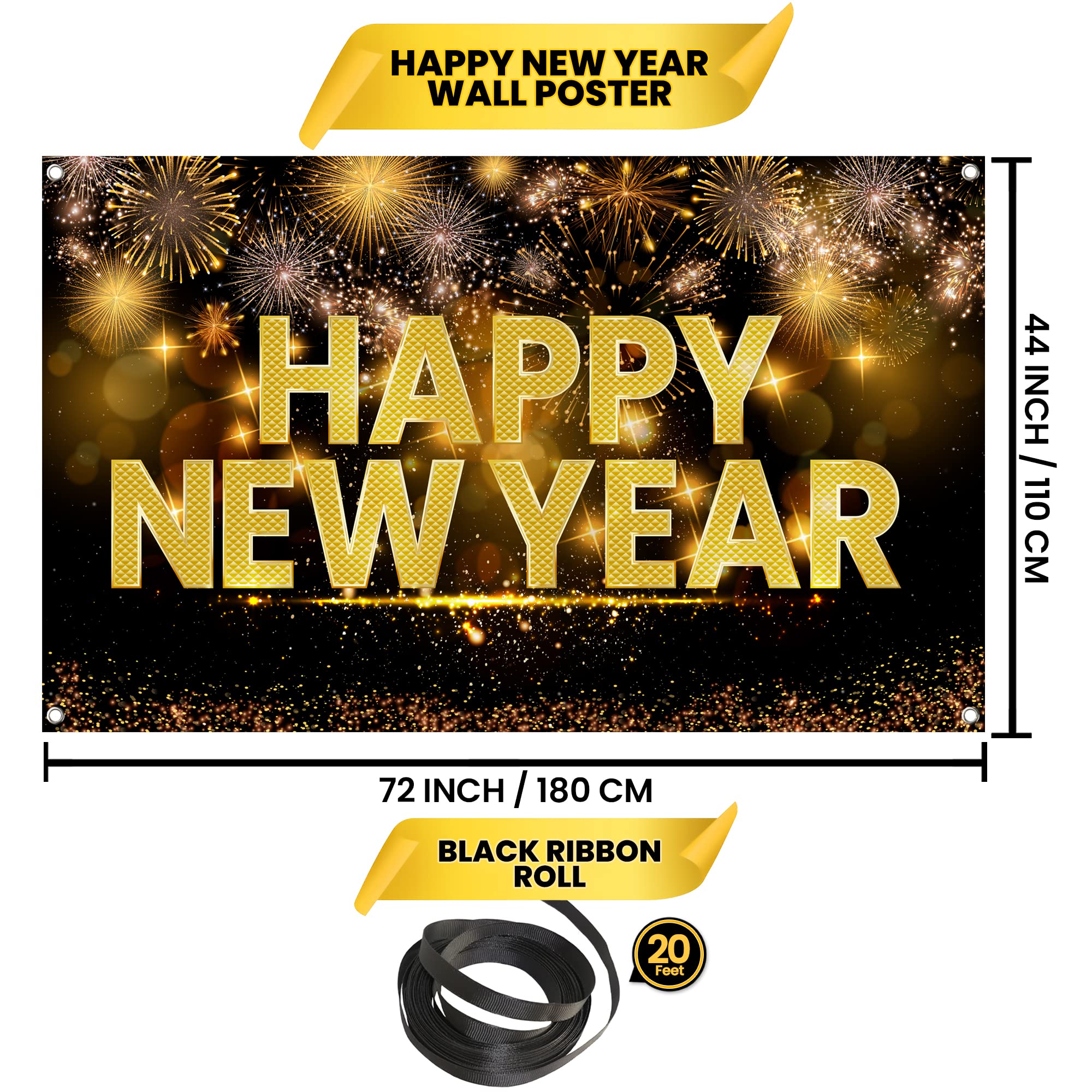 KatchOn Extra Large Happy New Year Banner 72x44 Inch - 2025 New Year's Eve Party Backdrop, NYE Decorations for Home & Events | Perfect for New Year Countdown Parties, Photo Booths & Social Media Backgrounds