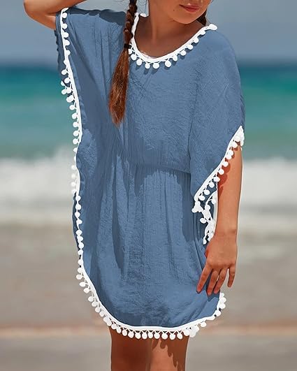 Eurivicy Girls' Swim Cover Up - Kids Summer Swimwear Beach Dress with Pom Pom Trim - Perfect for Pool, Beach & Vacation Outfits