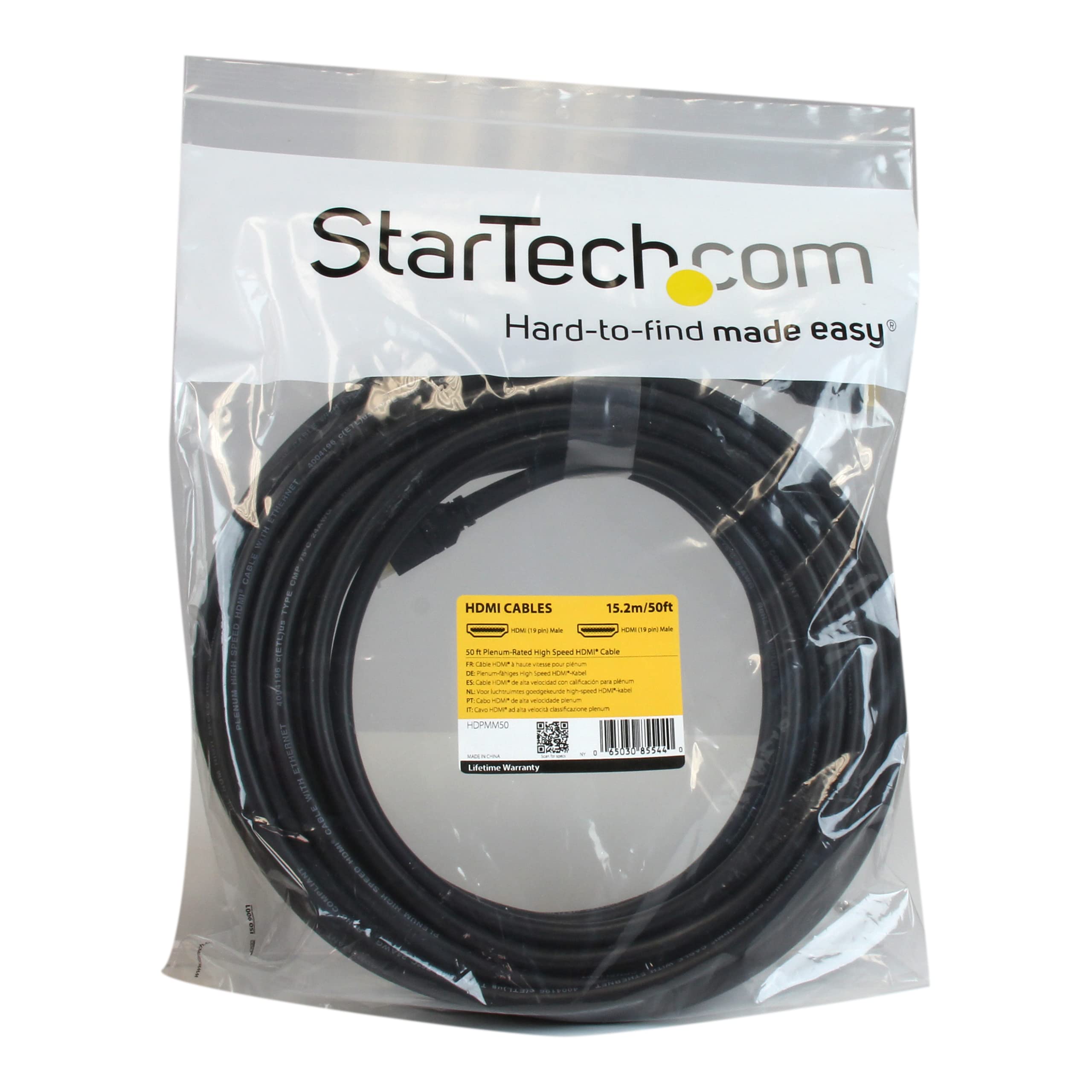 StarTech.com 50ft Plenum Rated HDMI Cable - 4K High Speed HDMI Cord with Ethernet, 4K30 UHD, 10.2Gbps, HDCP 1.4, In-Wall Installation - Perfect for Home Theater, Gaming, and Office Presentations (HDPMM50)