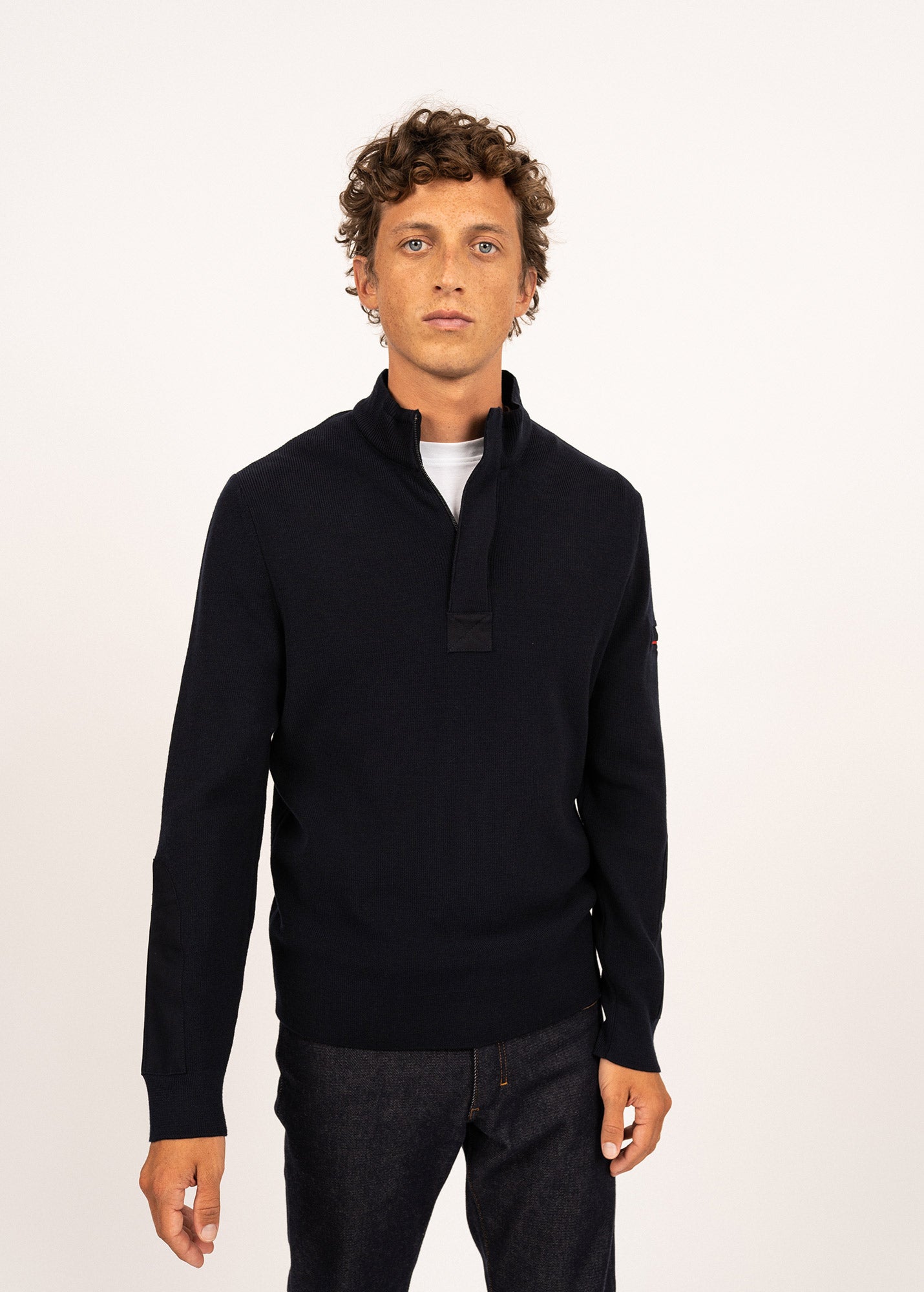 Loup de Mer II Men's Quarter Zip Wool Sweater with Forearm Canvas Trim - 100% Premium Navy Wool - Perfect for Outdoor Activities & Casual Wear