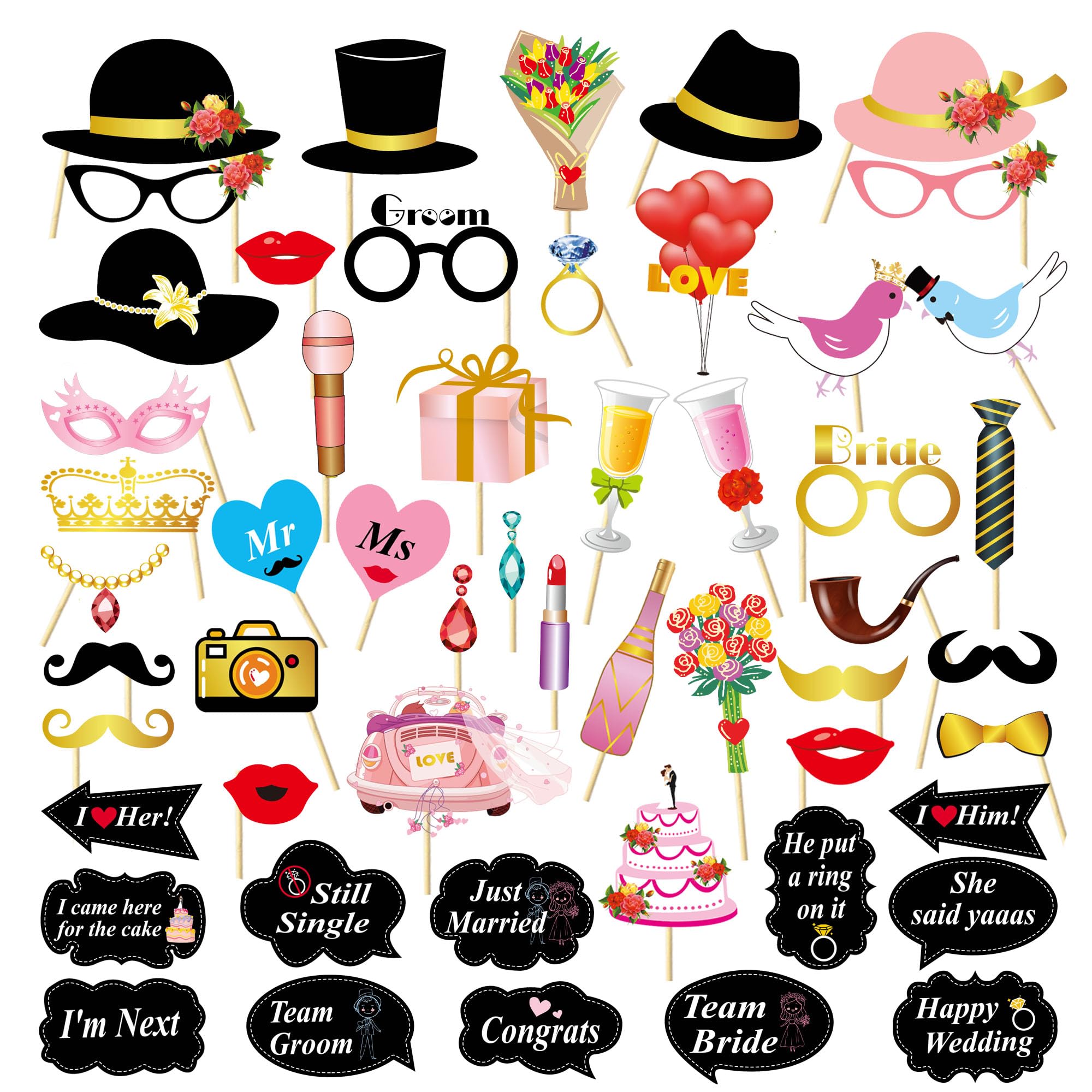 LMSHOWOWO 53-Piece Wedding Photo Booth Props Kit - Funny Bride-to-Be Selfie Accessories for Wedding Reception, Engagement Party & Bridal Shower Decorations | Perfect for Wedding Celebrations, Bachelorette Parties & Anniversary Events