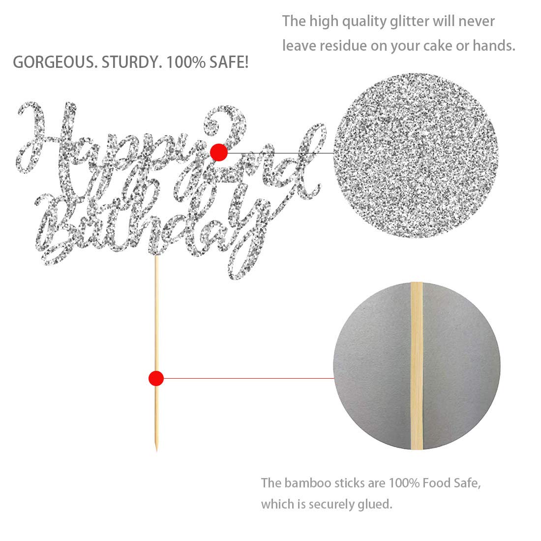 2 Silver Glitter Happy 2nd Birthday Cake Topper - Elegant Party Decorations & Cake Decor Supplies for 2nd Birthday Celebrations, Baby Showers & Special Occasions
