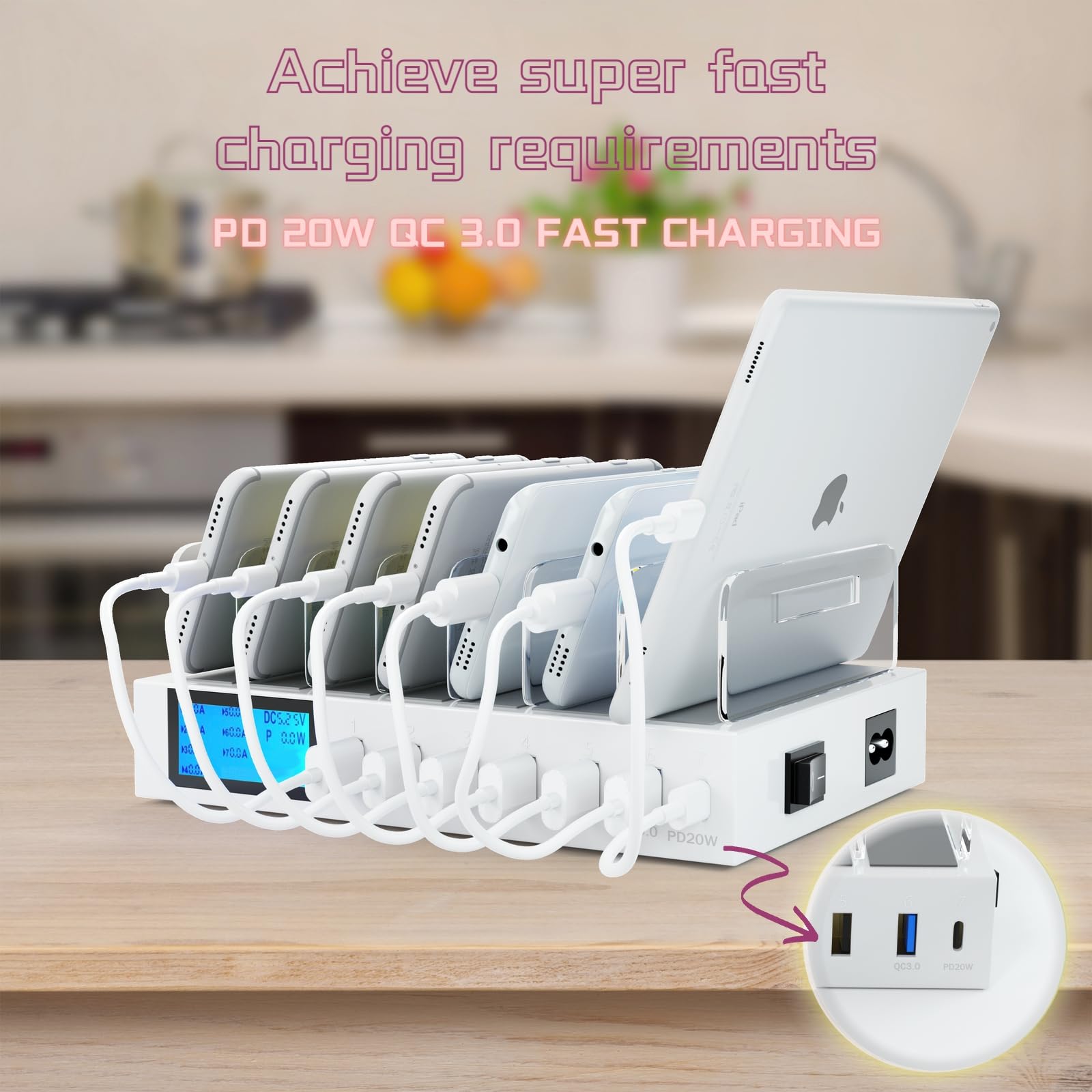 70W 7-Port USB Charging Station with PD & QC3.0 - Desktop Docking Organizer for Phones & Tablets | Includes 7 Short Mixed Cables | Perfect for Home, Office & Travel Charging Needs