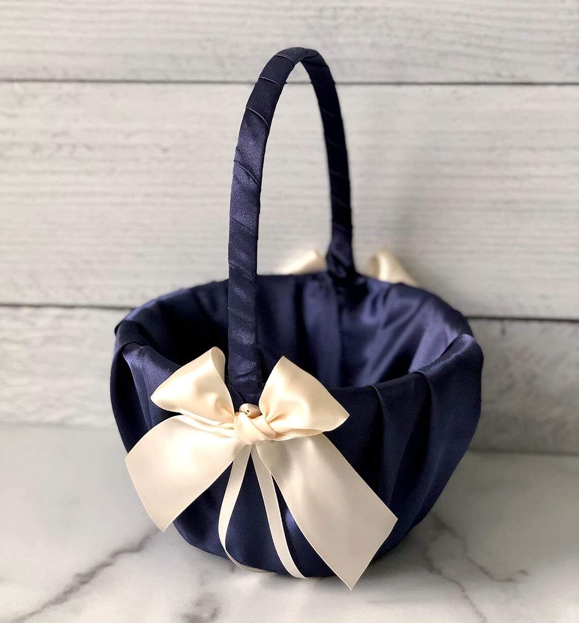 Ivory Navy Flower Girl Basket and Ring Bearer Pillow Set - Wedding Ring Holder Pillow with Navy Basket (2 Pillows + 1 Basket) - Perfect for Wedding Ceremonies, Bridal Showers, and Photo Shoots