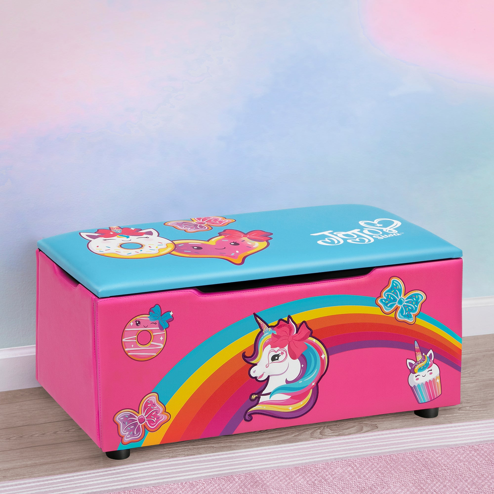 JoJo Siwa Kids Upholstered Storage Bench with Seat - Stylish Toy Organizer for Bedroom, Playroom & Nursery - Perfect for Girls' Room Decor & Storage Solutions