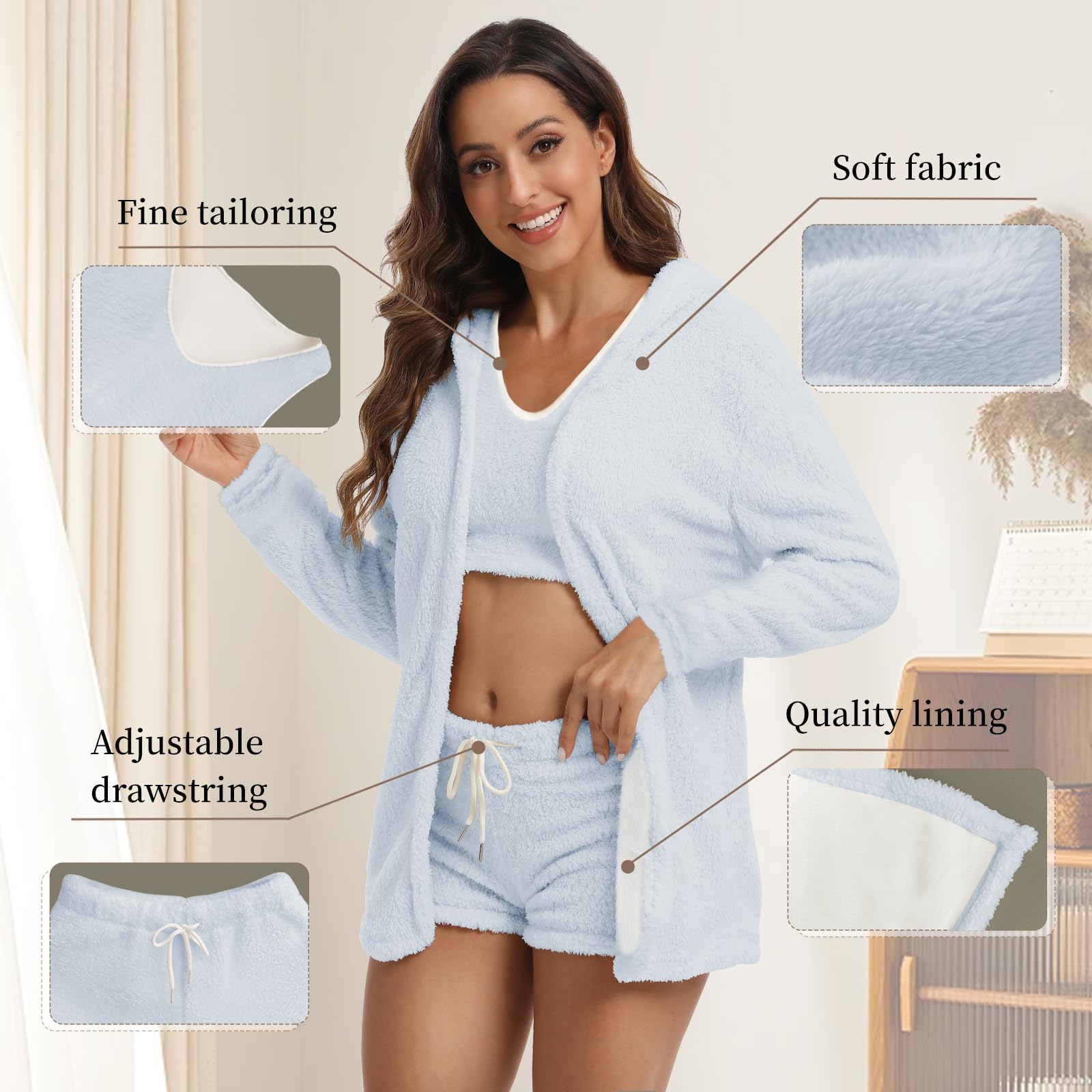 JBT Fuzzy Lounge Set - 3 Piece Women's Fleece Pajama Set with Fluffy Shorts | Soft & Comfortable Loungewear for Sleepwear, Home Relaxation & Cozy Nights