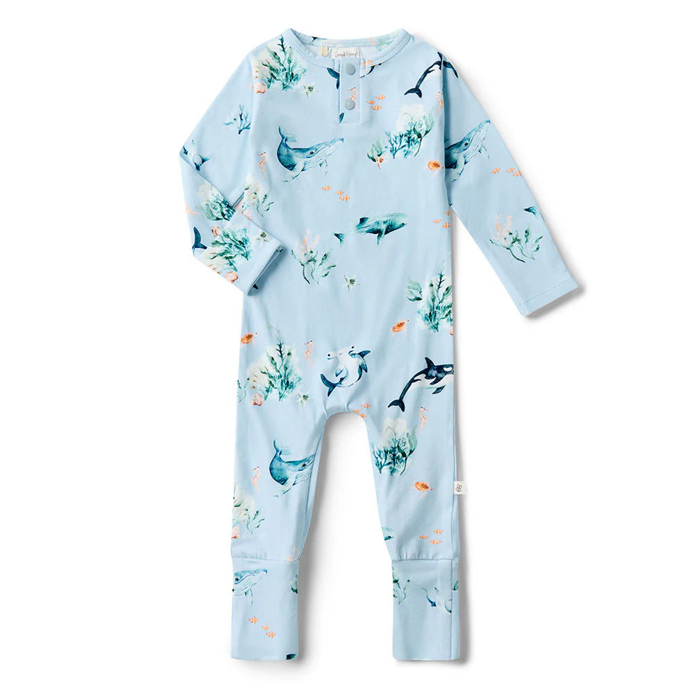 Organic Baby Growsuit - Snuggle Hunny Soft Cotton One-Piece Pajama - Blue Ocean Design for Newborns & Infants - Perfect for Sleepwear, Playtime & Photo Shoots