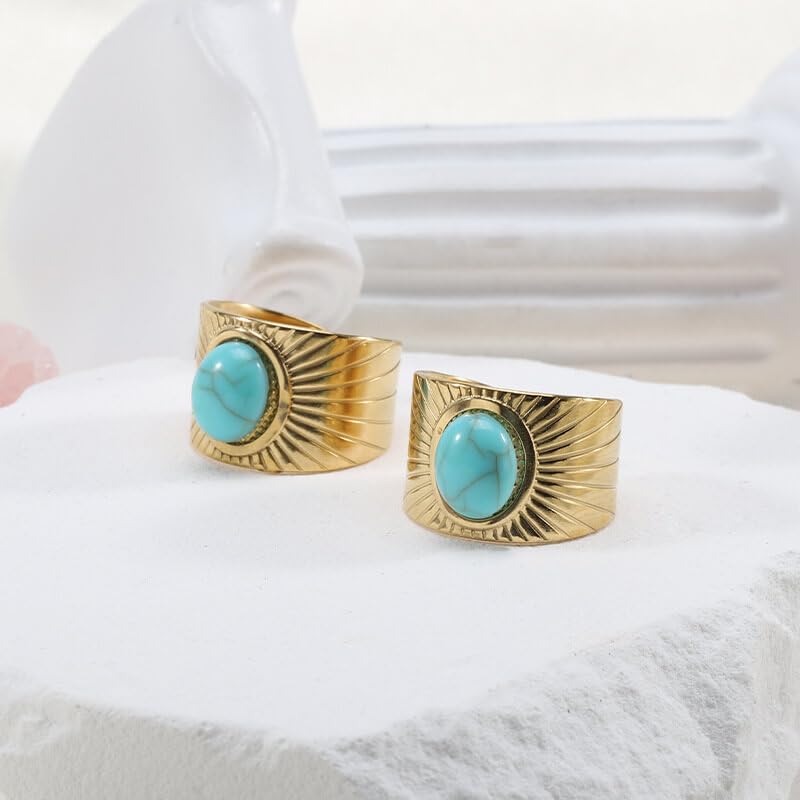 Vintage Adjustable Turquoise Ring for Women & Men - Gold Western Cowgirl Band Ring, Chunky Bohemian Jewelry for Everyday Wear, Gifts & Special Occasions