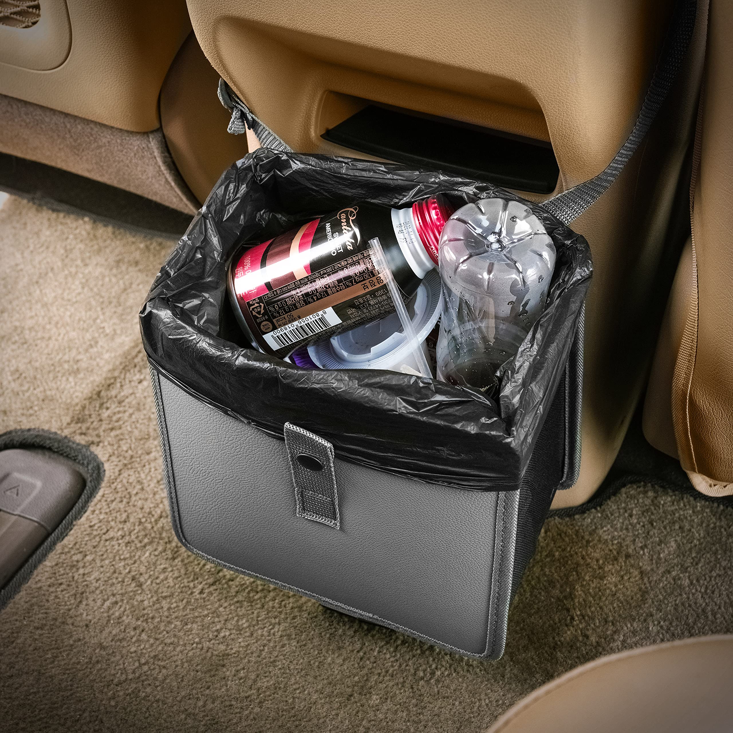 Foldable Hanging Car Trash Can - Vegan Leather Auto Garbage Bin with Oxford Cloth Lining for Vehicles (Medium, Gray) | Perfect for Road Trips, Commuting & Keeping Your Car Clean