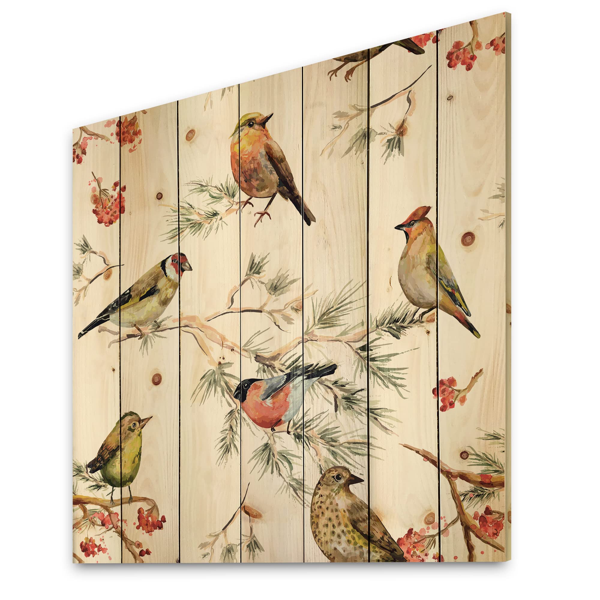 DesignQ Forest Birds on Branches Wood Wall Art - Traditional White Wooden Wall Decor with Large Animal Prints on Natural Pine Panels - Perfect for Living Room, Bedroom & Office Decoration