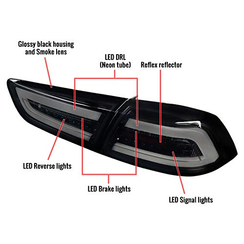 Smoke Lens Gloss Black Housing LED Tail Lights for Mitsubishi Lancer 2008-2017 & Lancer Evolution 2008-2015 - Neon Light Bar, Durable Bezel - Upgrade Your Car's Rear Lighting for Night Driving & Custom Style