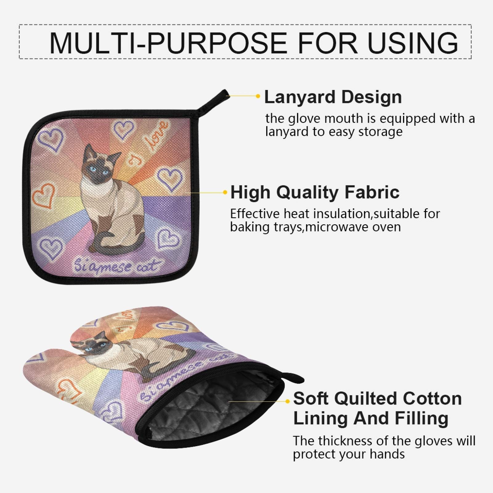 QUGRL Siamese Cat Oven Mitts and Pot Holders Set - Colorful Heart Pattern Heat Resistant Kitchen Gloves for Baking, Cooking, BBQ & Hot Pads - Perfect for Handling Cookware, Bakeware and Grilling Accessories