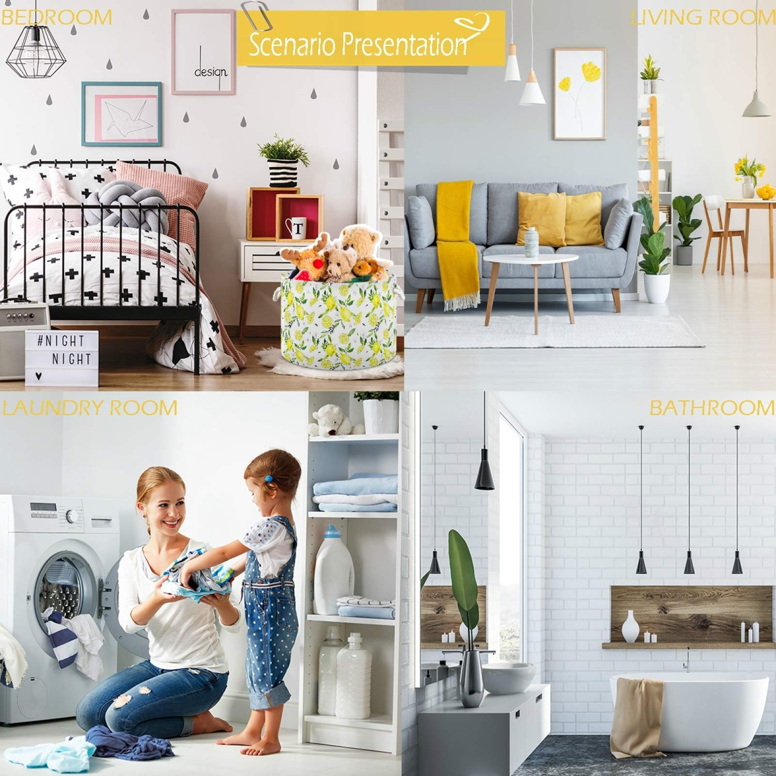 Visesunny Cute Yellow Lemon Floral Collapsible Laundry Basket - Fabric Storage Bin for Clothes, Toys & Organizing - Perfect for Bathroom, Bedroom, Nursery, Closet & Office - Durable & Space-Saving Storage Solution