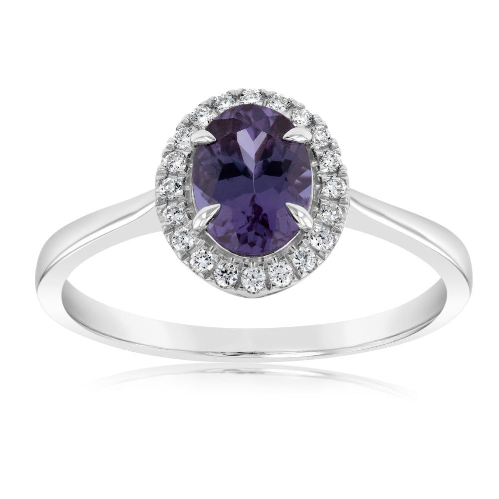 9ct White Gold Oval Alexandrite & Diamond Ring for Women – Elegant Engagement, Wedding, Anniversary Gift for Her